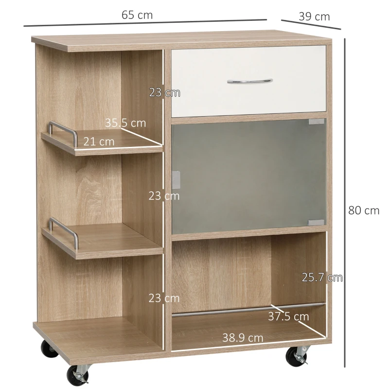 HOMCOM Carrello da Cucina Portavivande con Cassetto, Ripiani e Armadietto in Legno, Acciaio e Vetro, 65x39x80cm