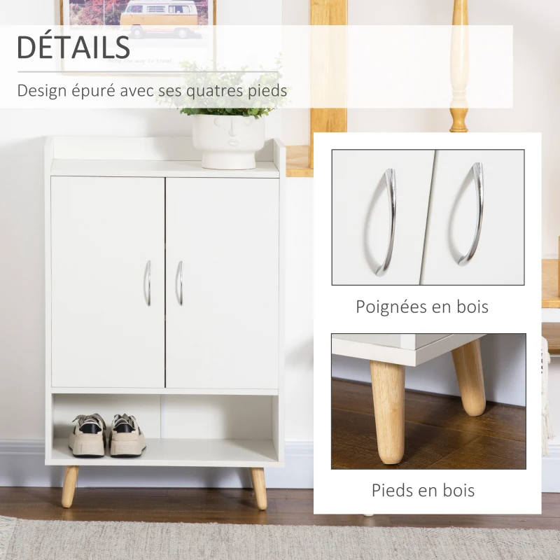 HOMCOM Meuble à Chaussures scandinave Placard 2 Portes 4 étagères Pieds effilés inclinés Bois Massif Panneaux Particules Blanc