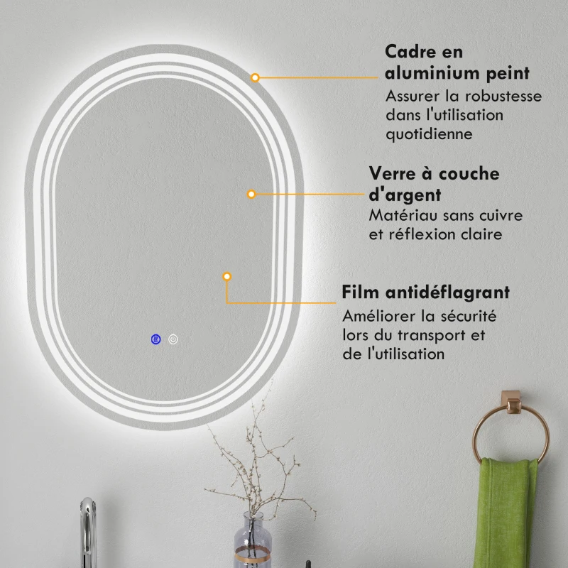 kleankin Miroir de salle de bain ovale lumineux LED 3 couleurs luminosité réglable interrupteur tactile, anti-buée, 70 x 50 cm