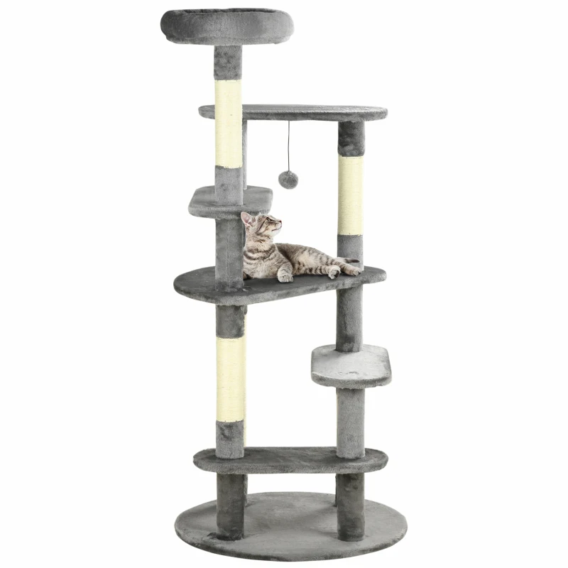 PawHut Albero Tiragraffi per Gatti con Pali in Sisal, Lettino con Cuscino e Pallina, Ø60x136cm, Grigio