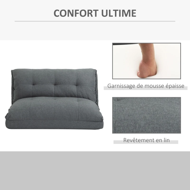 HOMCOM Fauteuil de sol paresseux chauffeuse fauteuil convertible fauteuil salon - Matelas d'appoint - inclinaison dossier réglable 13 Positions - tissu lin gris