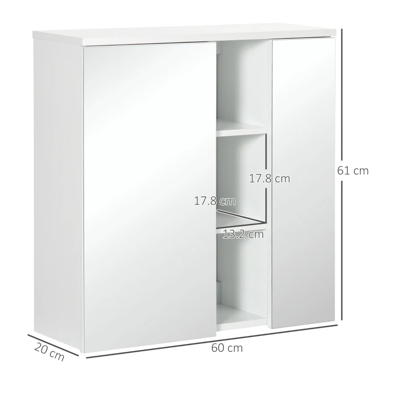 kleankin Armadietto Specchiera Bagno 2 Ante con Ripiani Aperti e Mensole Regolabili, 60x20x61cm, Bianco