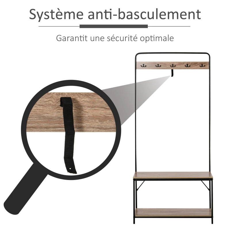 HOMCOM Porte-Manteaux avec étagère à Chaussures Vestiaire d'entrée Style Industriel 80L x 30l x 170H cm Imitation chêne Clair métal Noir