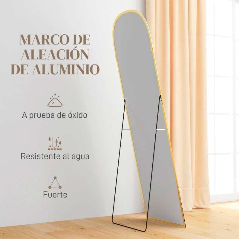 HOMCOM Espejo de Cuerpo Entero 50x170 cm Independiente o Pared con Marco de Aleación de Aluminio y Soporte Dorado