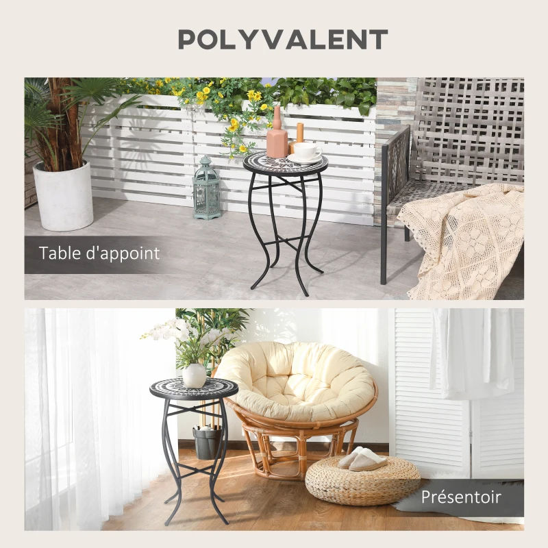 Outsunny Table bistro ronde de jardin plateau mosaïque métal époxy anticorrosion céramique Ø35,5 x 53,5H - noir et blanc