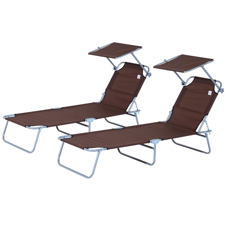 Outsunny Conjunto de 2 Tumbonas Plegables con Toldo Desmontable Respaldo Ajustable en 5 Niveles 187x58x36 cm Marrón