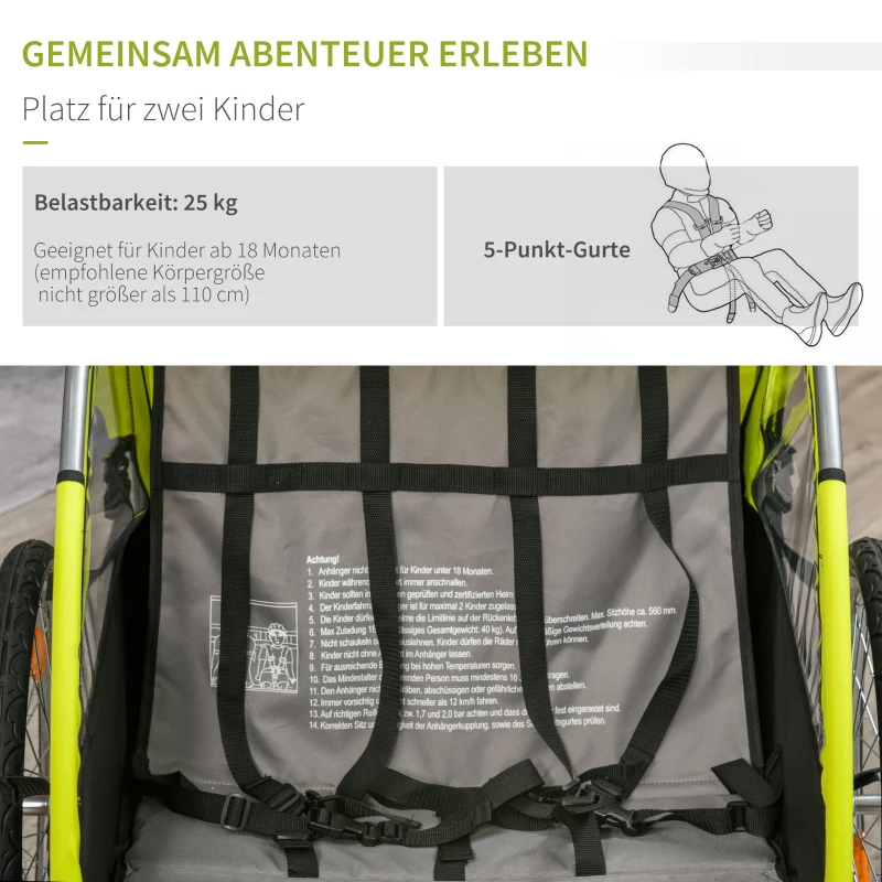 HOMCOM 2-in-1 Kinderanhänger, Regenschutz, Sicherheitsgurt, für 2 Kinder, grün+schwarz, 160 x 84 x 106 cm