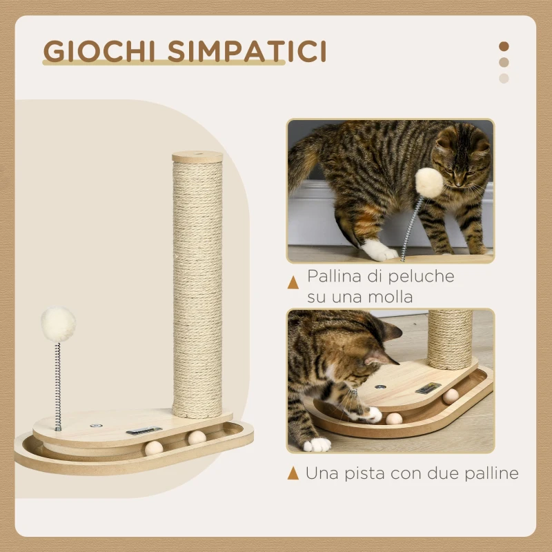 PawHut Tiragraffi per Gatti 4kg max in Truciolato e Iuta con Palline da Gioco Incluse, 35x23x40 cm, color Rovere