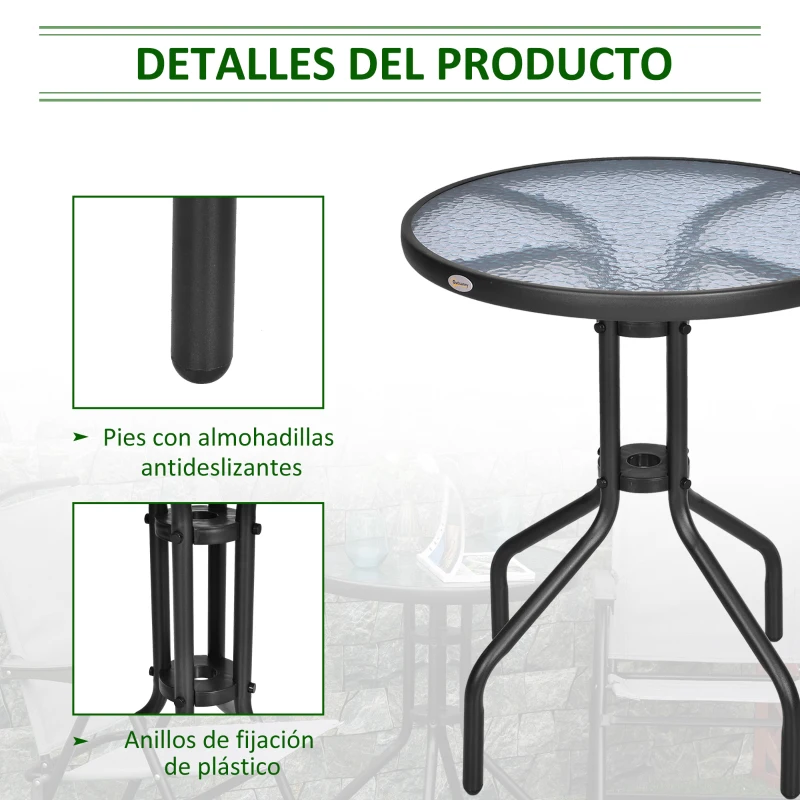 Outsunny Mesa de Jardín Redonda con Encimera de Vidrio Templado Decorativa y Marco de Metal para Patio Terraza Balcón Comedor Ø60x70 cm Negro