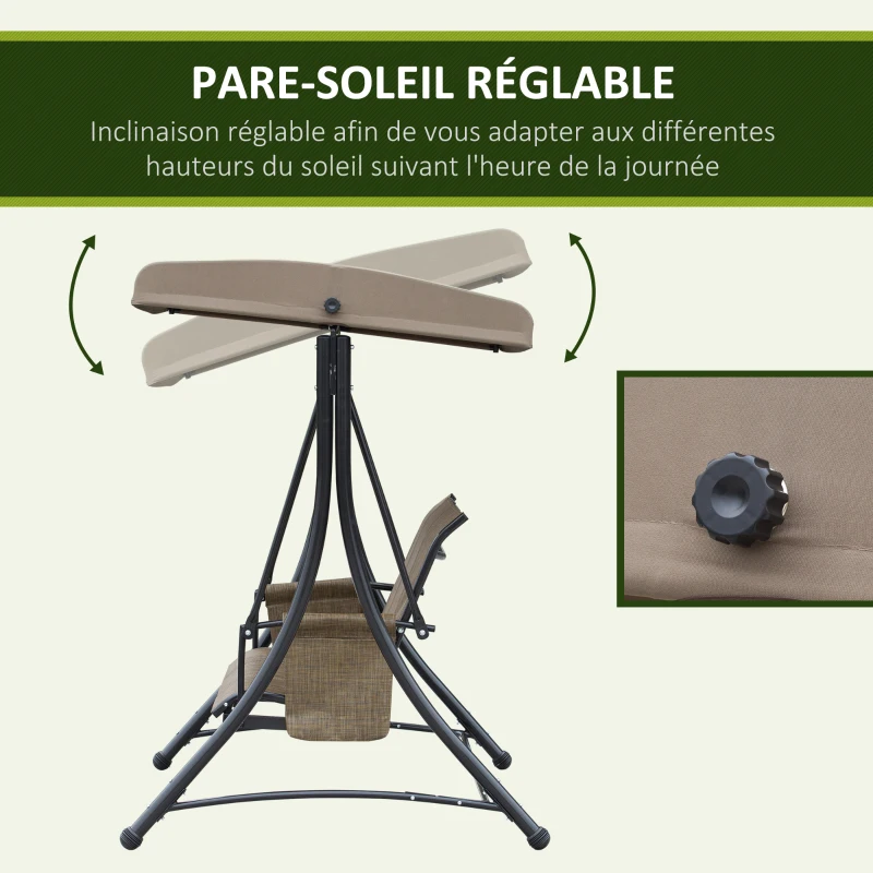 Outsunny Balancelle de Jardin 3 Places Toit Inclinaison réglable Assise Dossier Ergonomique 2 Pochettes Rangement métal époxy alu. textilène marron
