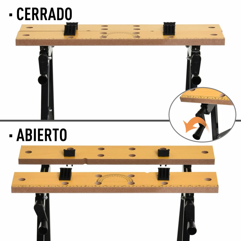 DURHAND Mesa de Trabajo Plegable Banco de Trabajo con Abrazadera 2 Manivelas Como Caballete de Sierra Carpintero Hierro MDF Soporta 100 kg 60,5x62,5x78,5 cm Natural y Negro