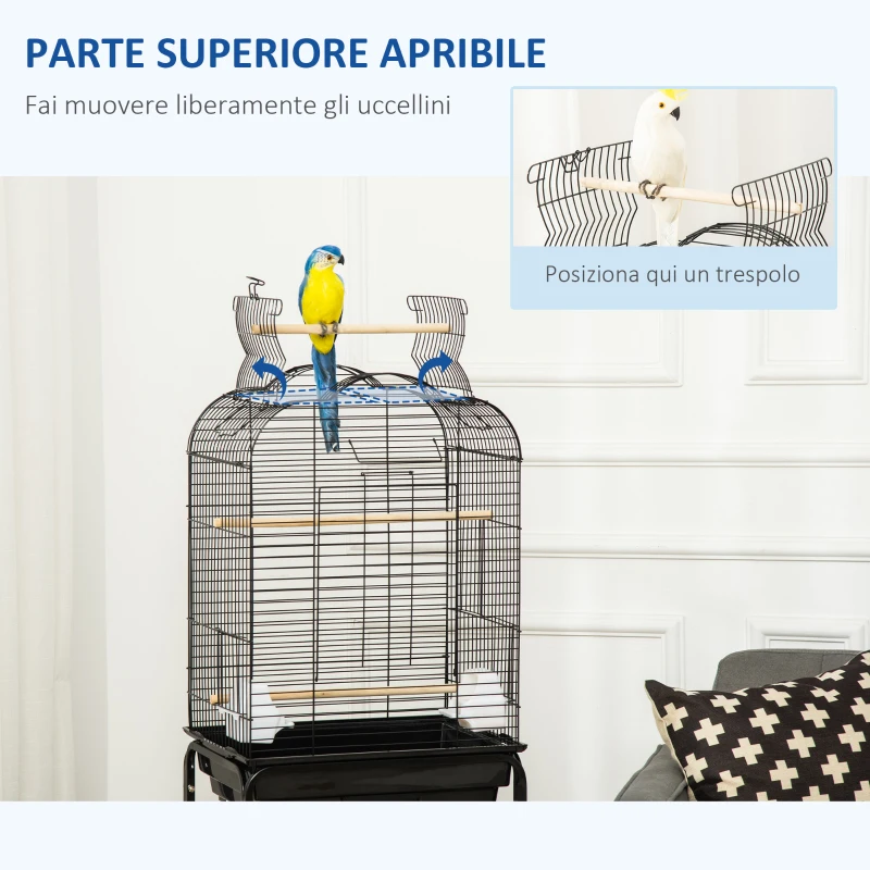 PawHut Gabbia per Uccelli con 3 Posatoi, 2 Ciotole e 2 Porte Laterali, in Acciaio, PP e Legno, 46x36x130 cm, Nera