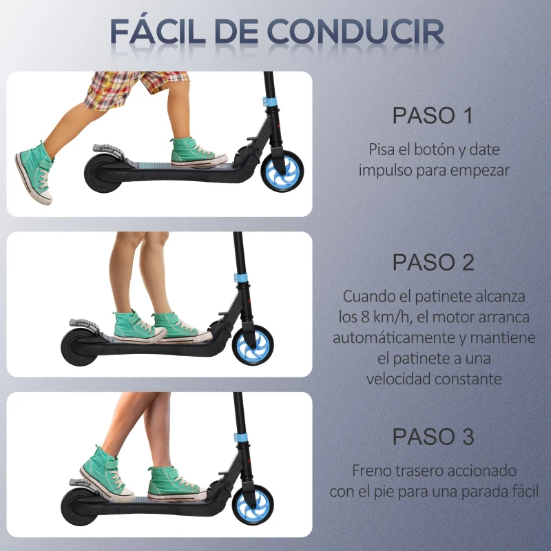 HOMCOM Patinete Eléctrico para Niños de +6 Años Scooter Eléctrico Plegable Altura Ajustable Batería 24V 71x36,5x75-80 cm Azul