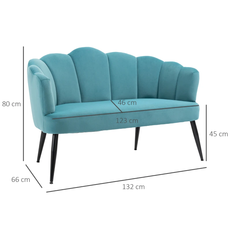 HOMCOM Divano 2 Posti in Velluto con Gambe in Metallo e Schienale a Conchiglia, 132x66x80cm, Verde