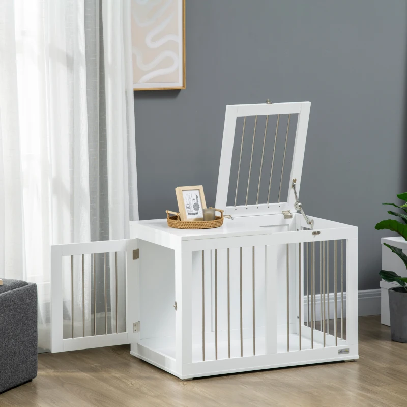 PawHut Casetta per Cani Taglia Media con 2 Porte Bloccabili, Gabbia in Acciaio e MDF, 80x50x56.5 cm, Bianco