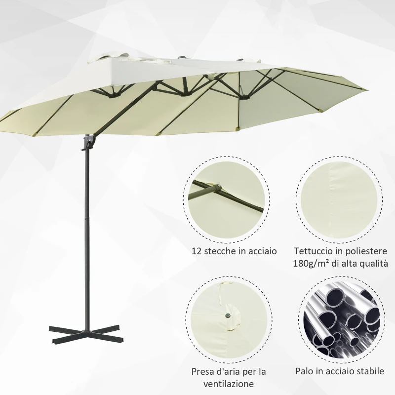 Outsunny Ombrellone Doppio in Acciaio e Poliestere Anti-UV Impermeabile, 445x270x260cm, Beige