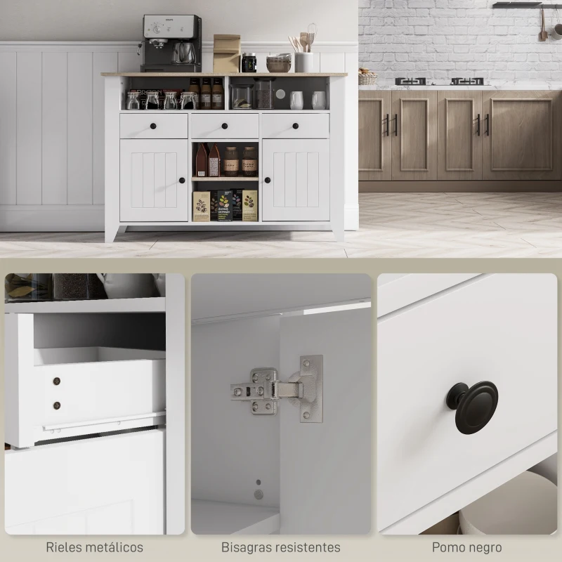 HOMCOM Aparador de Cocina Mesa para Televisores de 50 Pulgadas con 3 Cajones 2 Puertas 120x38x81,5 cm Blanco