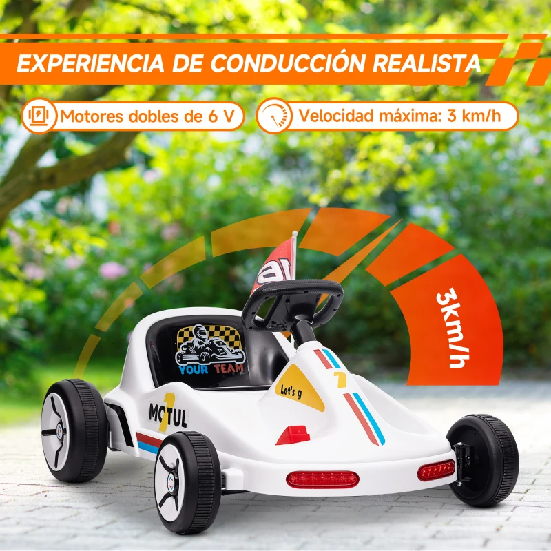 AIYAPLAY Kart Eléctrico 6 V Kart para Niños de +3 Años con Música Luz Bocina Cinturón de Seguridad Go Kart Carga 50 kg Blanco