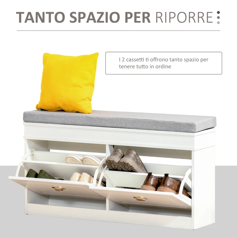 HOMCOM Panca Scarpiera Salvaspazio in Legno con Cuscino, 2 Cassetti con Mensola Regolabile per 8 Scarpe, 104x24x55cm, Bianco