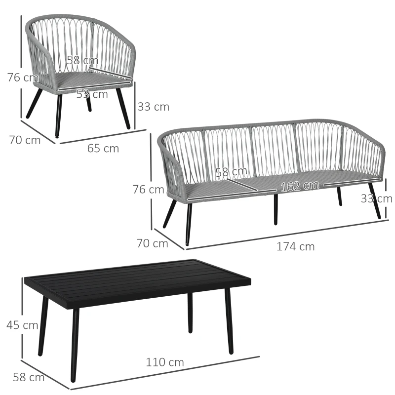 Outsunny Conjunto de Muebles de Ratán y Aluminio Juego de Muebles de Jardín 4 Piezas Mesa de Café Sofá de 3 Plazas y 2 Sillones con Cojines para Terraza Exterior Gris
