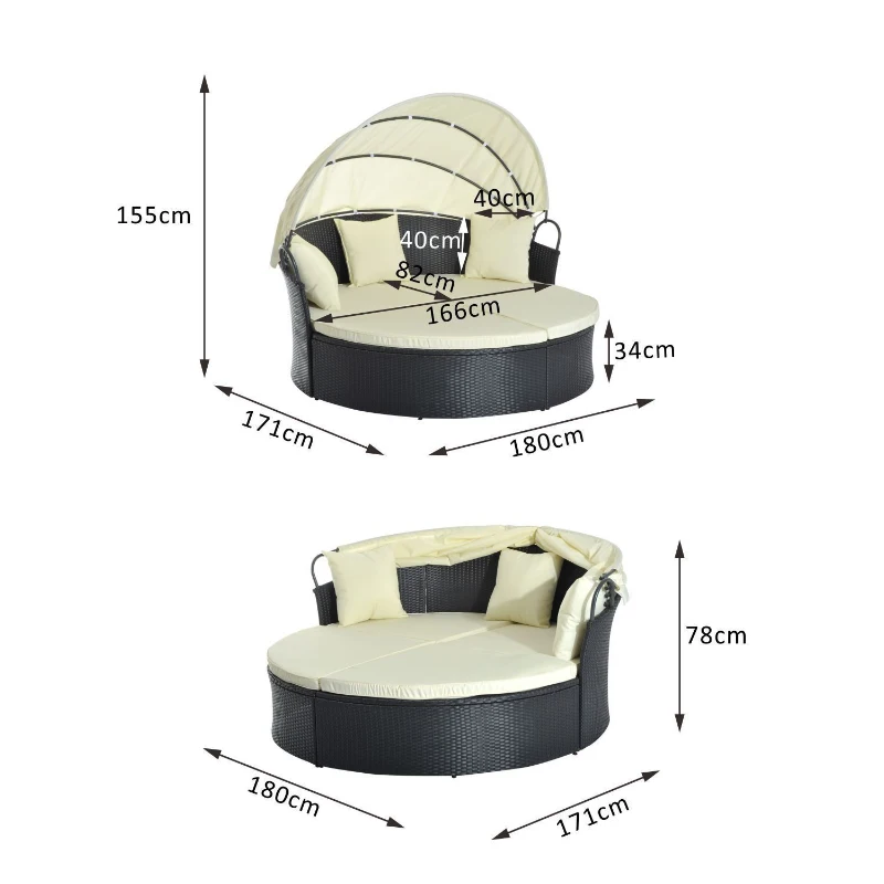 Outsunny Divano da Giardino in Rattan Modulabile con Tenda Parasole, Lettino, Poggiapiedi e Cuscini, Crema e Nero