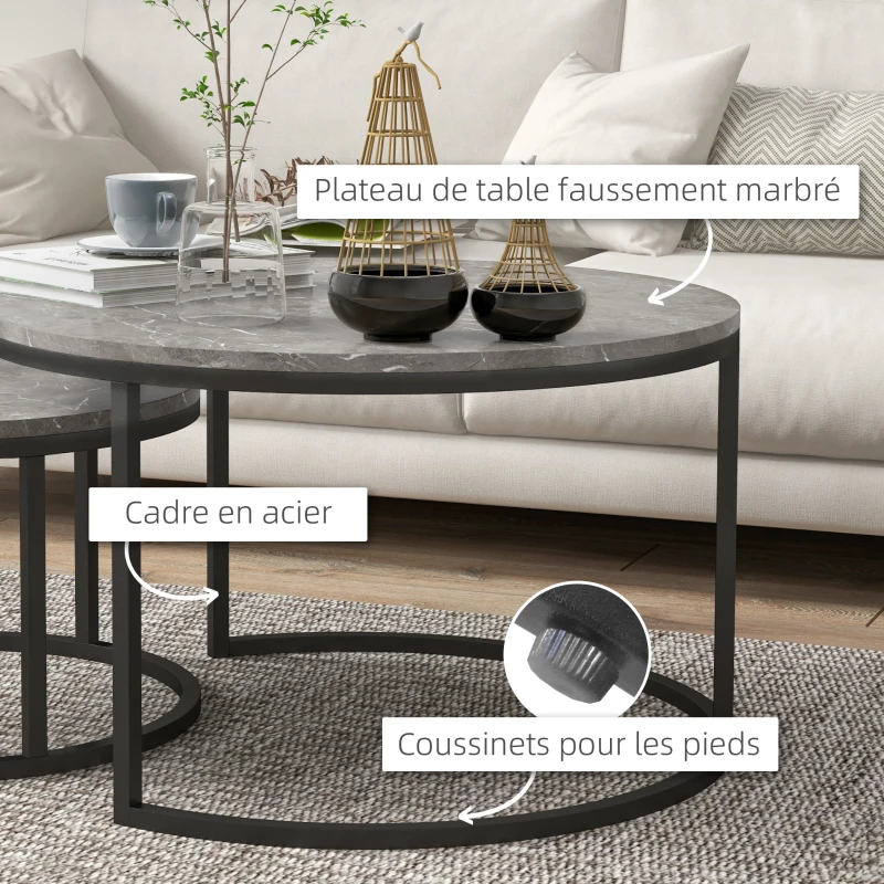 HOMCOM Lot de 2 tables basses gigognes empilable design industriel plateau imitation ciment pieds en métal gris