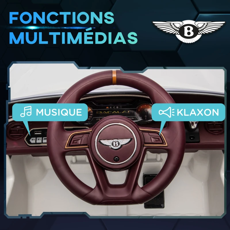 HOMCOM Voiture électrique pour enfant de 3 à 5 ans 2 moteurs 12V 25W 3-5 Km/h télécommande 2,4G Bentley Bacalar blanc