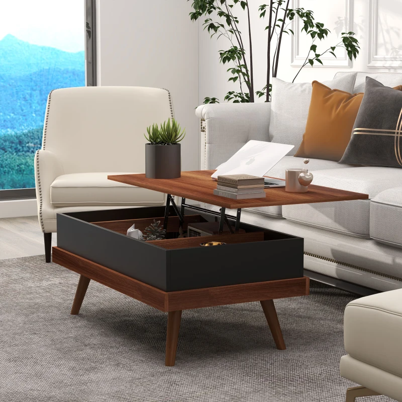 HOMCOM Mesa de Centro Elevable con 3 Compartimientos de Almacenaje Ocultos y Patas de Madera 100x79x54 cm Marrón y Negro(m-8)
