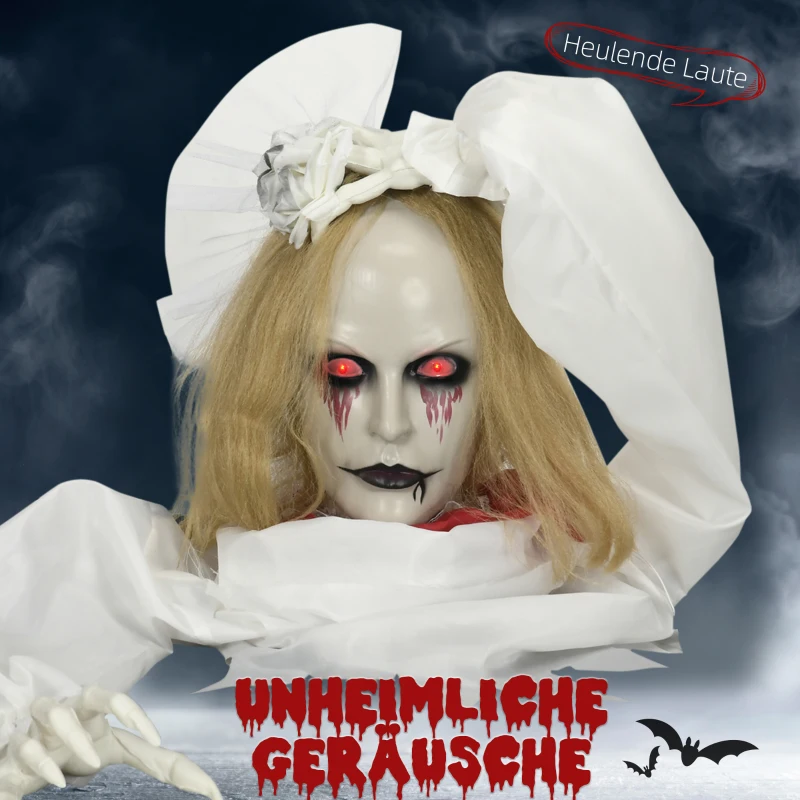 HOMCOM Halloween-Dekoration Zombiebraut, LED-Augen, heult, fährt hoch, Geräusch- & Bewegungssensor, 36 cm