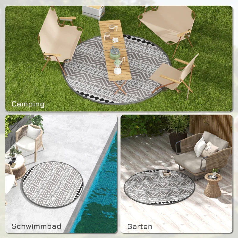 Outsunny Outdoorteppich Terrassenteppich, wetterbeständig, modernes Design,Ø180 cm, Schwarz + Weiß
