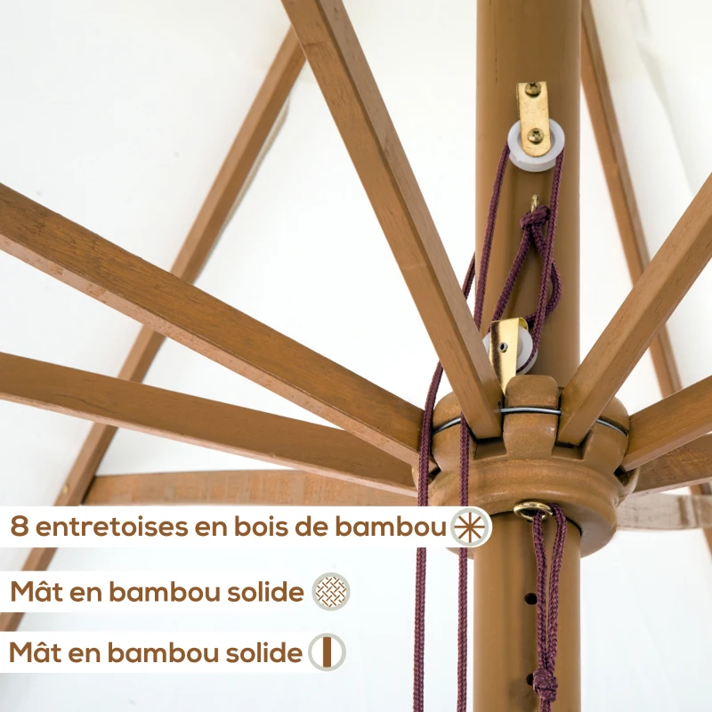 Outsunny Parasol droit parasol de jardin rond grande taille de jardin Ø 3 m bois de bambou crème