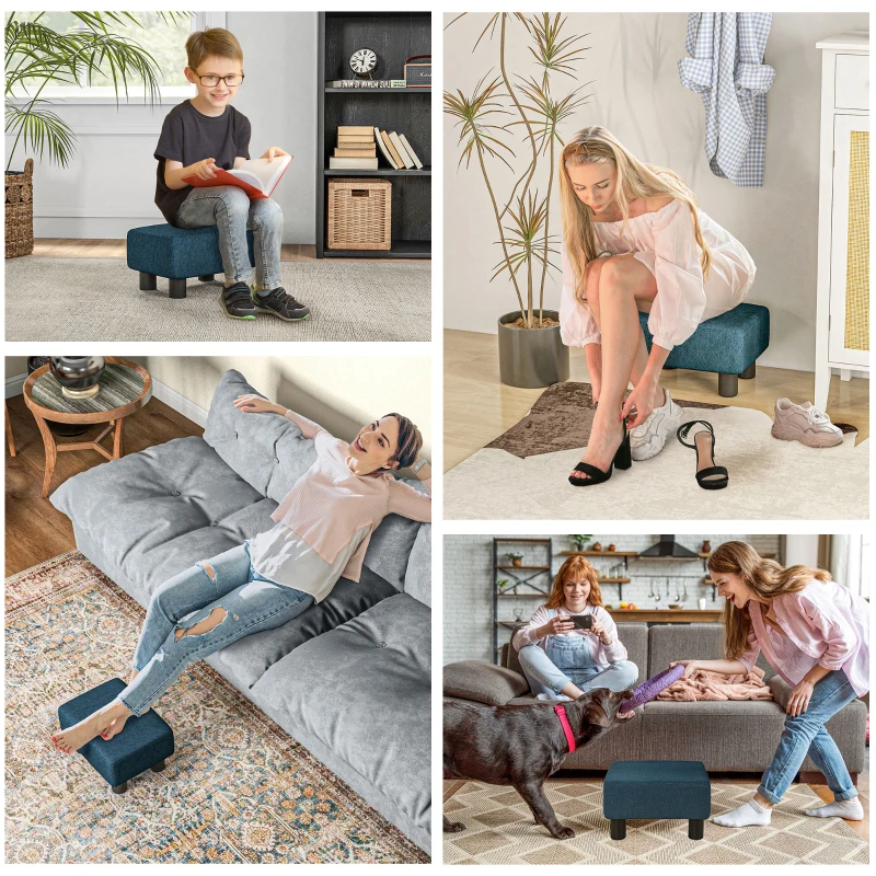 HOMCOM Linen Fabric Footstool Footrest, Small Foot Rest, Rectangle Sofa Stool for Bedroom Living Room, Dark Blue