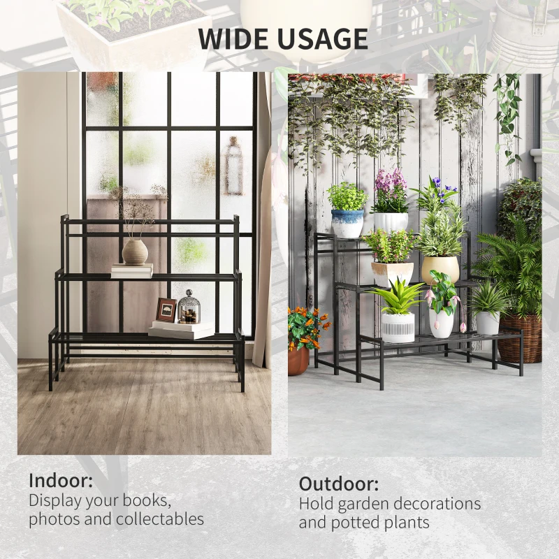 Outsunny Three-Tier Metal Plant Shelf - Black