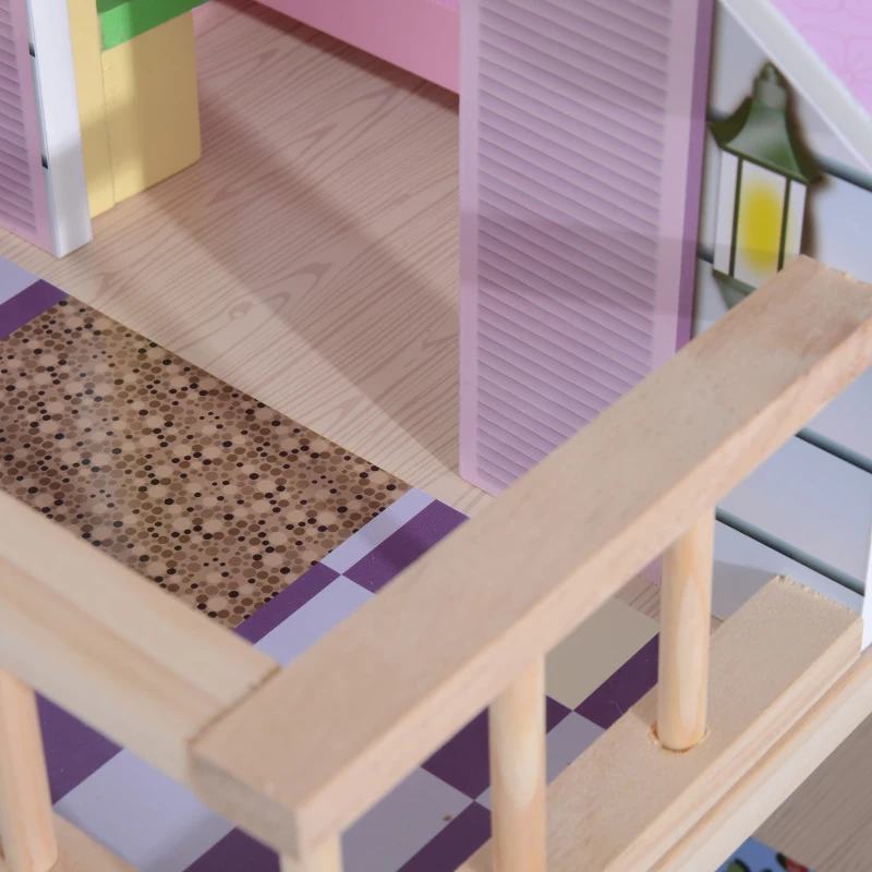 HOMCOM Casa delle Bambole per Bambini 3+ Anni in Legno di Pino e MDF a 4 Piani con 13 Accessori, Rosa, 60x30x80 cm