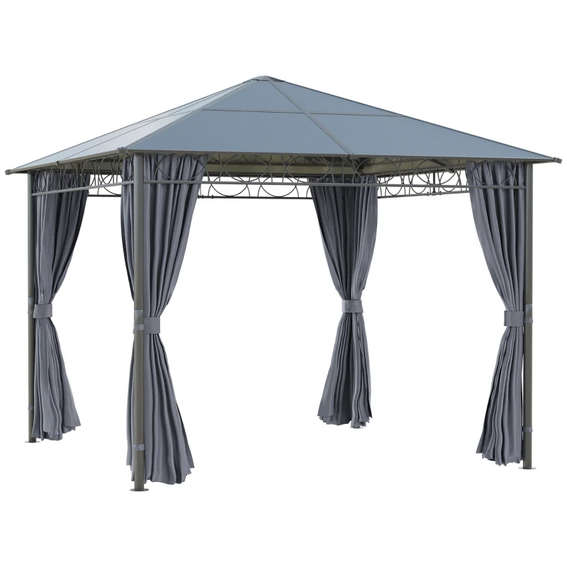 Outsunny 3 x 3(m) Hardtop Gazebo Canopy with Polycarbonate Roof, Permanent Pavilion Garden Gazebo with Curtains for Patio, Deck, Grey