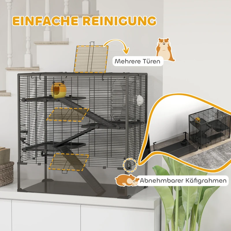 PawHut Hamsterkäfig mit Glasboden, 4-stufiges Hamstergehege mit Hütte und Zubehör, 78,5L x 48,5B x 80H cm, Schwarz(m-6)
