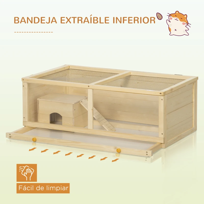 PawHut Jaula para Hámster de Madera con Techo Abatible Panel de Acrílico Bandeja Extraíble y Cabaña 100x58x38 cm Natural