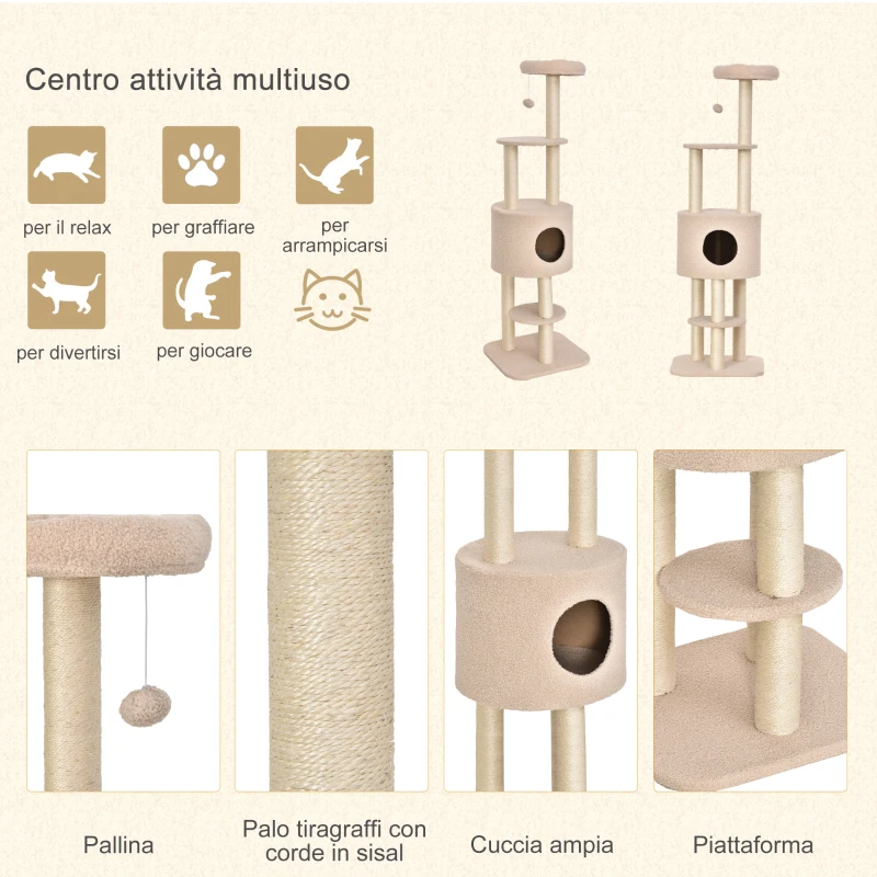 PawHut Albero Tiragraffi Robusto per Gatti con 5 Livelli, Cuccia, Casetta, Giochi e Corda Sisal, Beige, Max 30kg