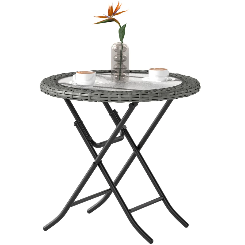 Outsunny Folding Rattan Garden Dining Table, 68 cm Round Rattan Garden Table with Water Ripple Tempered Glass Top, Wicker Edging  and Steel Frame for Outdoor, Patio, Grey