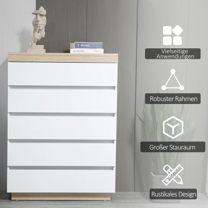 HOMCOM Kommode mit 5 Schubladen Schubladenkommode Mehrzweckschrank Sideboard Schrank Eiche+Weiß 80 x 40 x 109 cm