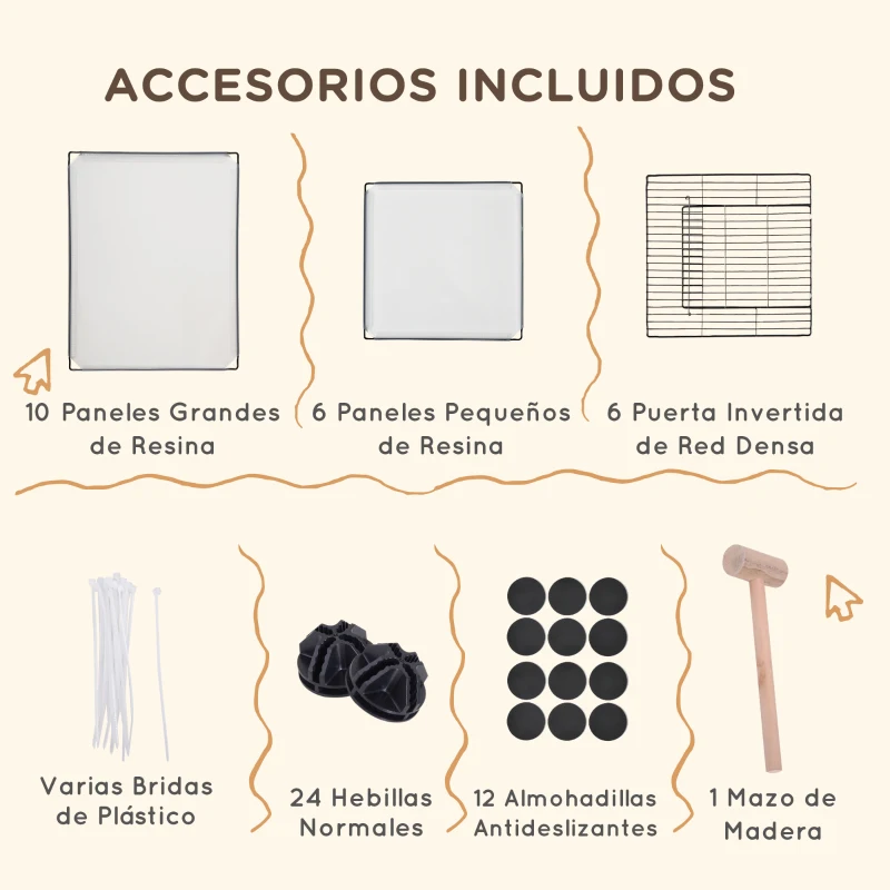 PawHut Valla para Animales Pequeños con 16 Paneles de Resina y 6 Paneles de Alambre con Puertas DIY Parque para Cobayas Conejos 105x70x45 cm Translúcido y Negro