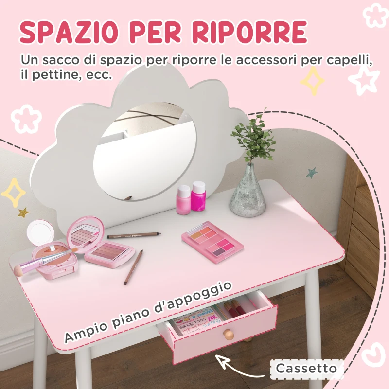 AIYAPLAY Set da Trucco per Bambine 3-6 Anni con Sgabello e Tavolo Toeletta con Specchio e Cassetto in Legno Bianco