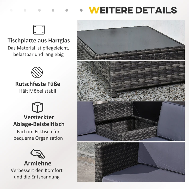 Outsunny 8-tlg. Polyrattan Gartengarnitur Gartenmöbel Garten-Set Sitzgruppe Loungeset Loungemöbel Beistelltisch als Aufbewahrungskorb Dunkelgrau Stahl + Polyester 58 x 58 x 37 cm