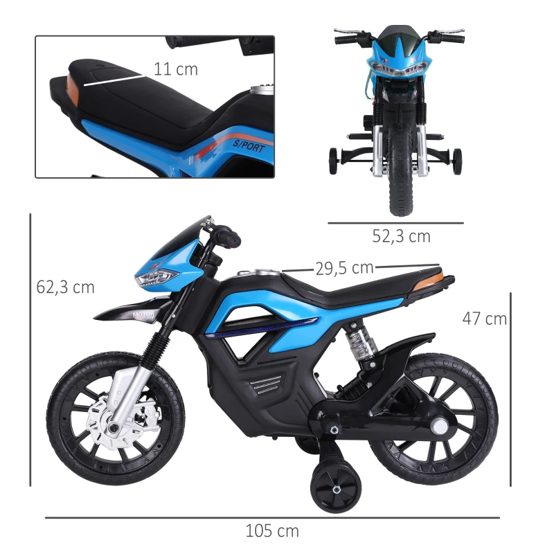 HOMCOM Moto électrique pour Enfants de 3-6 ans 25 W 6 V 3 Km/h Effets Lumineux et sonores roulettes Amovibles Charge max. 30 kg Bleu(m-3)