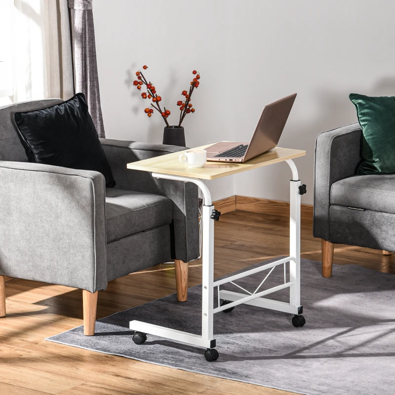 HOMCOM Mesa Auxiliar con Ruedas Mesa para Sofá con Altura Ajustable para Hogar Oficina 60x40x68-78 cm Blanco