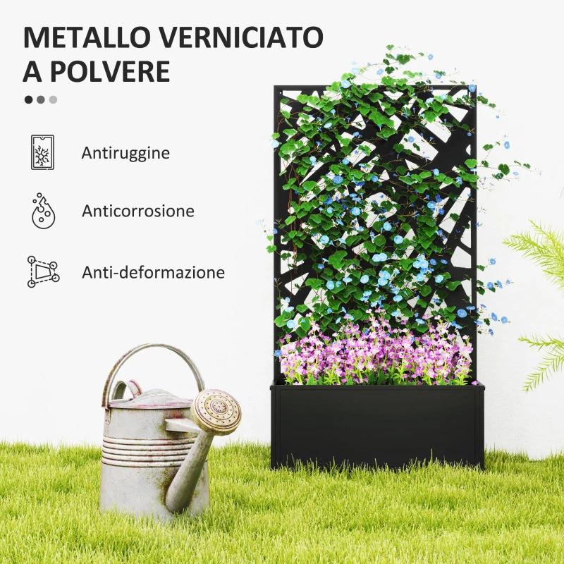 Outsunny Fioriera Rialzata con Spalliera Decorativa per Rampicanti da Terra e Parete, 61x23x113 cm, Nero