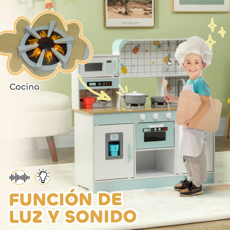 AIYAPLAY Cocinita Infantil con Sonido Fogón Grifo Fregadero Microondas Cafetera Máquina de Hielo y Accesorios de Cocina Blanco