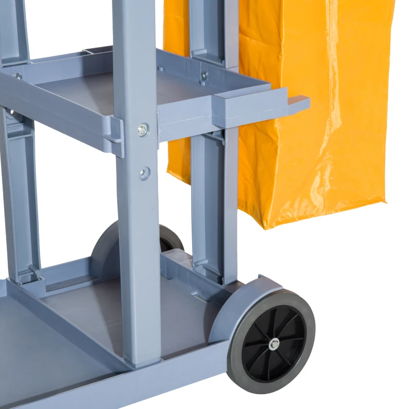 HOMCOM Carrello Pulizie Professionale con 3 Ripiani, Ganci Portascopa, 4 Ruote e Sacco 100L, Arancione 121 x 50.5 x 96.5cm