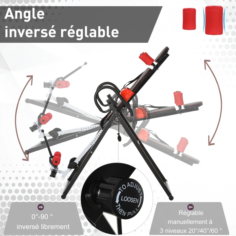 HOMCOM Table d'inversion de musculation pliable ceinture de sécurité réglable angle inversé ajustable 3 niveaux acier rouge noir