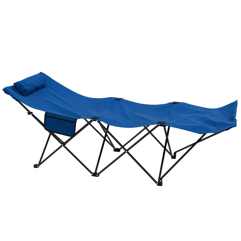 Outsunny Camping Bed for Adults, Single Folding Camp Bed, Portable Camping Cot with Side Pocket, Headrest and Oxford Seat for Outdoor, Travel, Fishing, Dark Blue